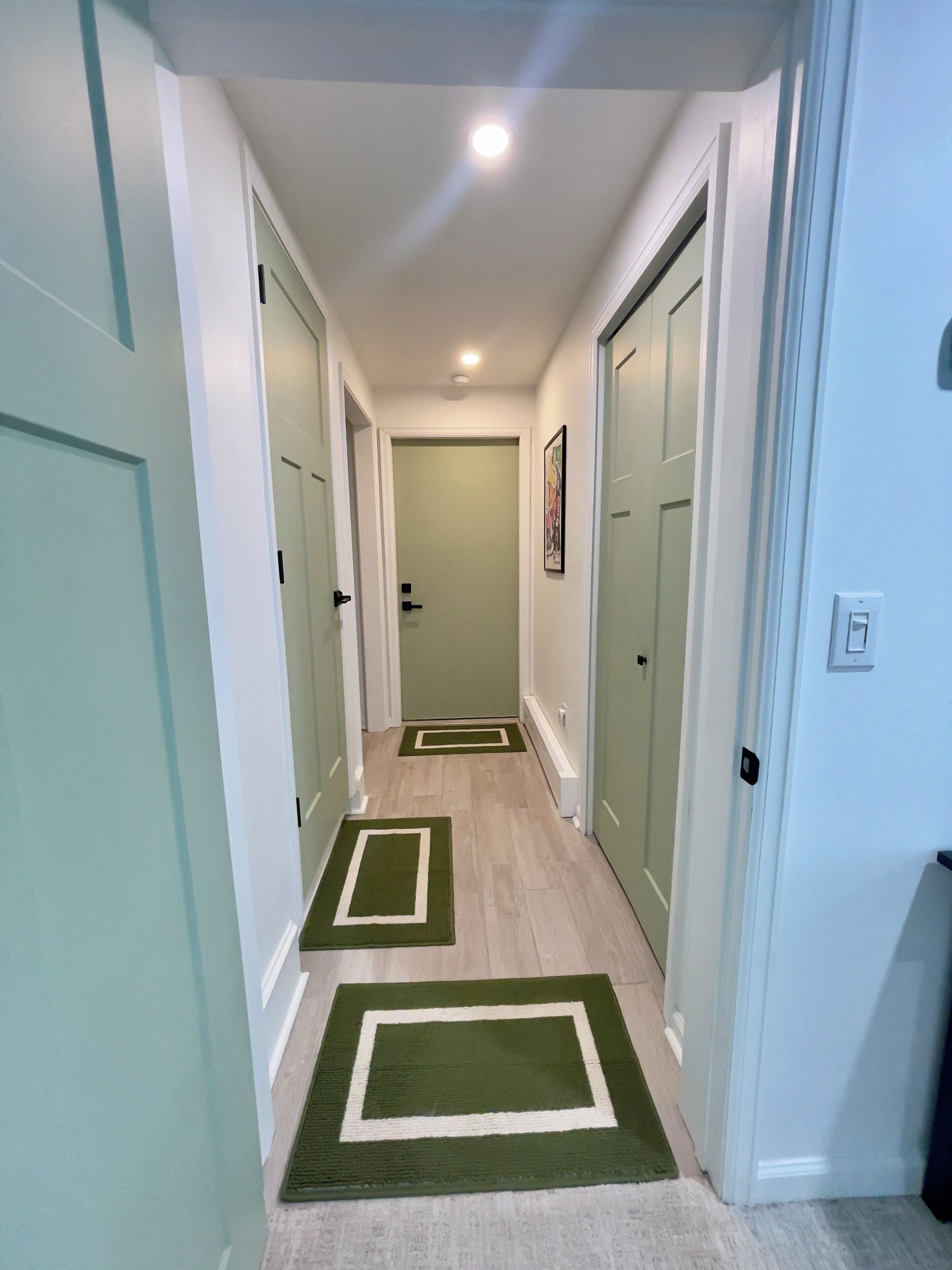 A hallway with light-colored walls, white doors, and green rugs with white borders.