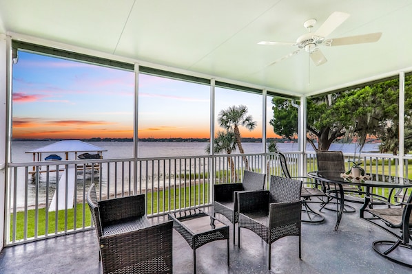 Terrace/patio - Dog-friendly lakefront home with fast WiFi, central AC, patio, & game room (Sebring)