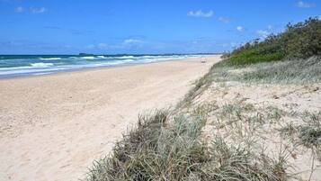 A sandy beach with waves, a clear sky, and sparse vegetation.