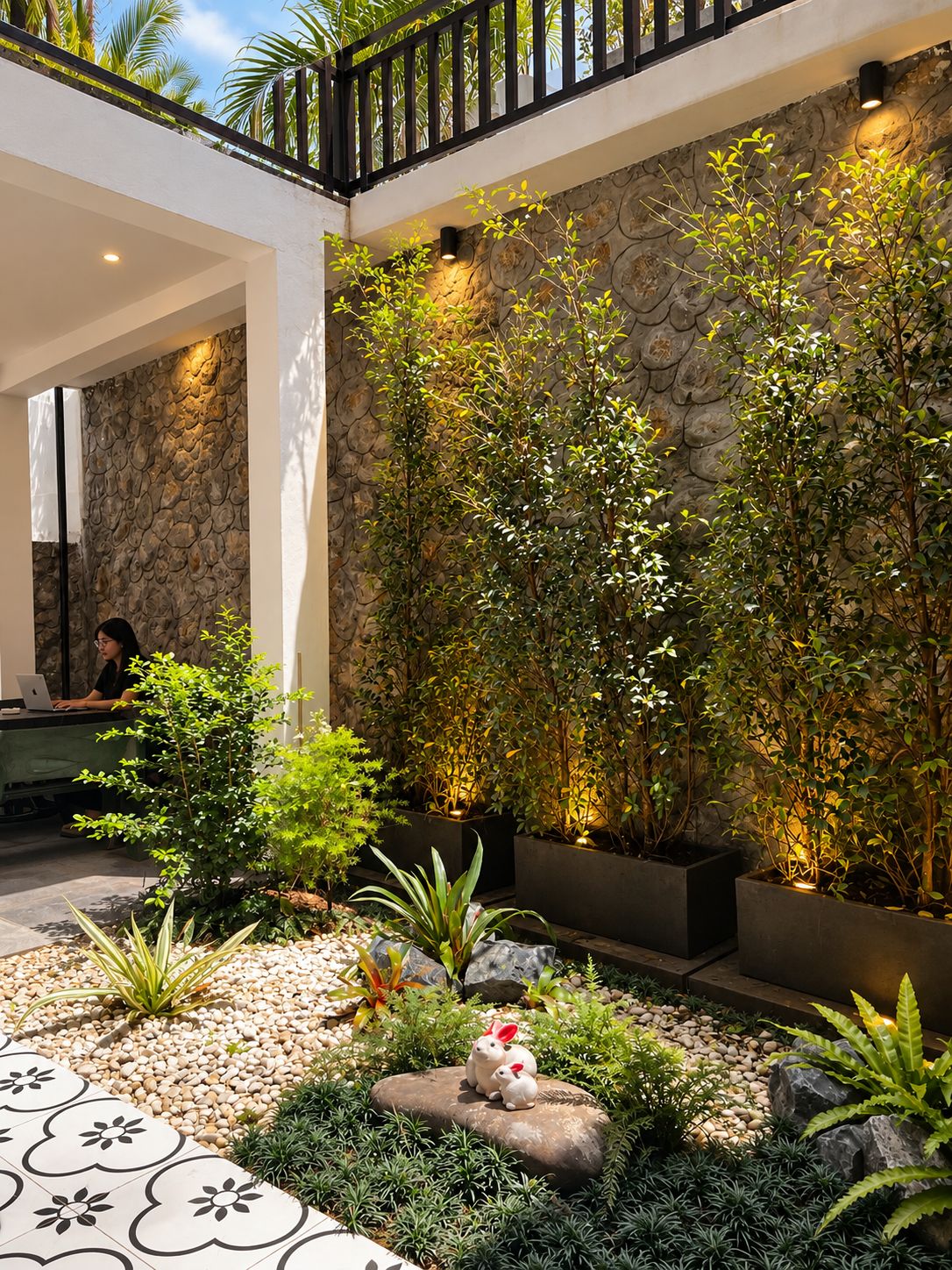 A modern outdoor area with a stone wall, potted plants, and a seating area with a person working on a laptop.
