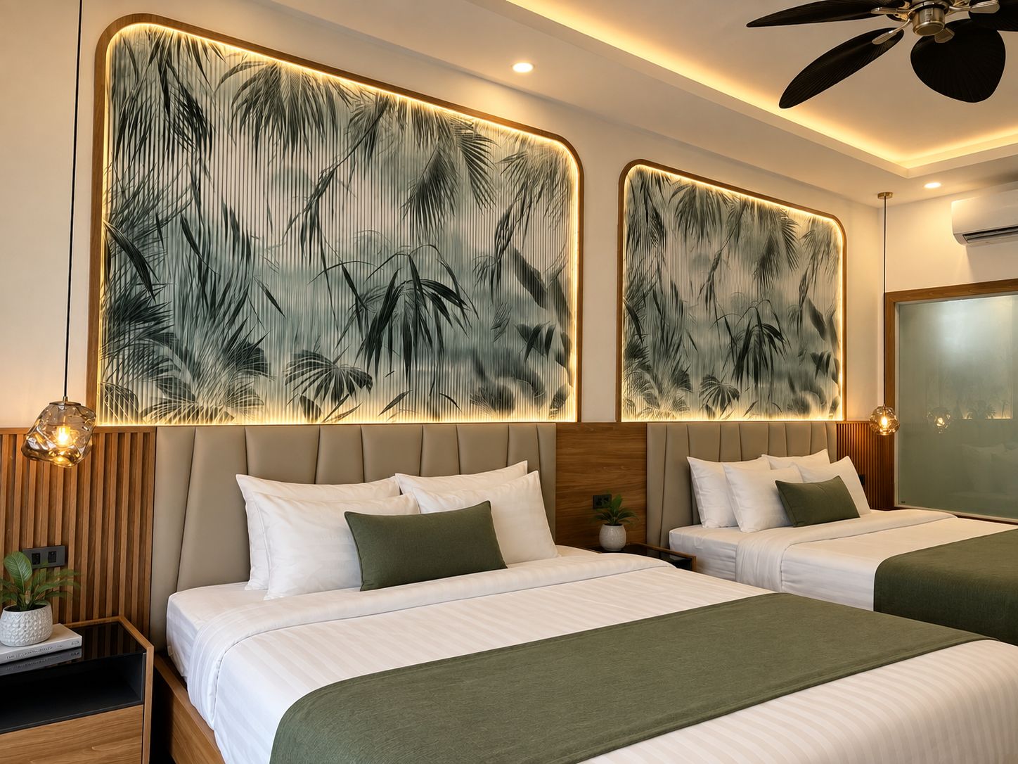 A hotel room with two beds, a ceiling fan, and wall art with palm leaves.