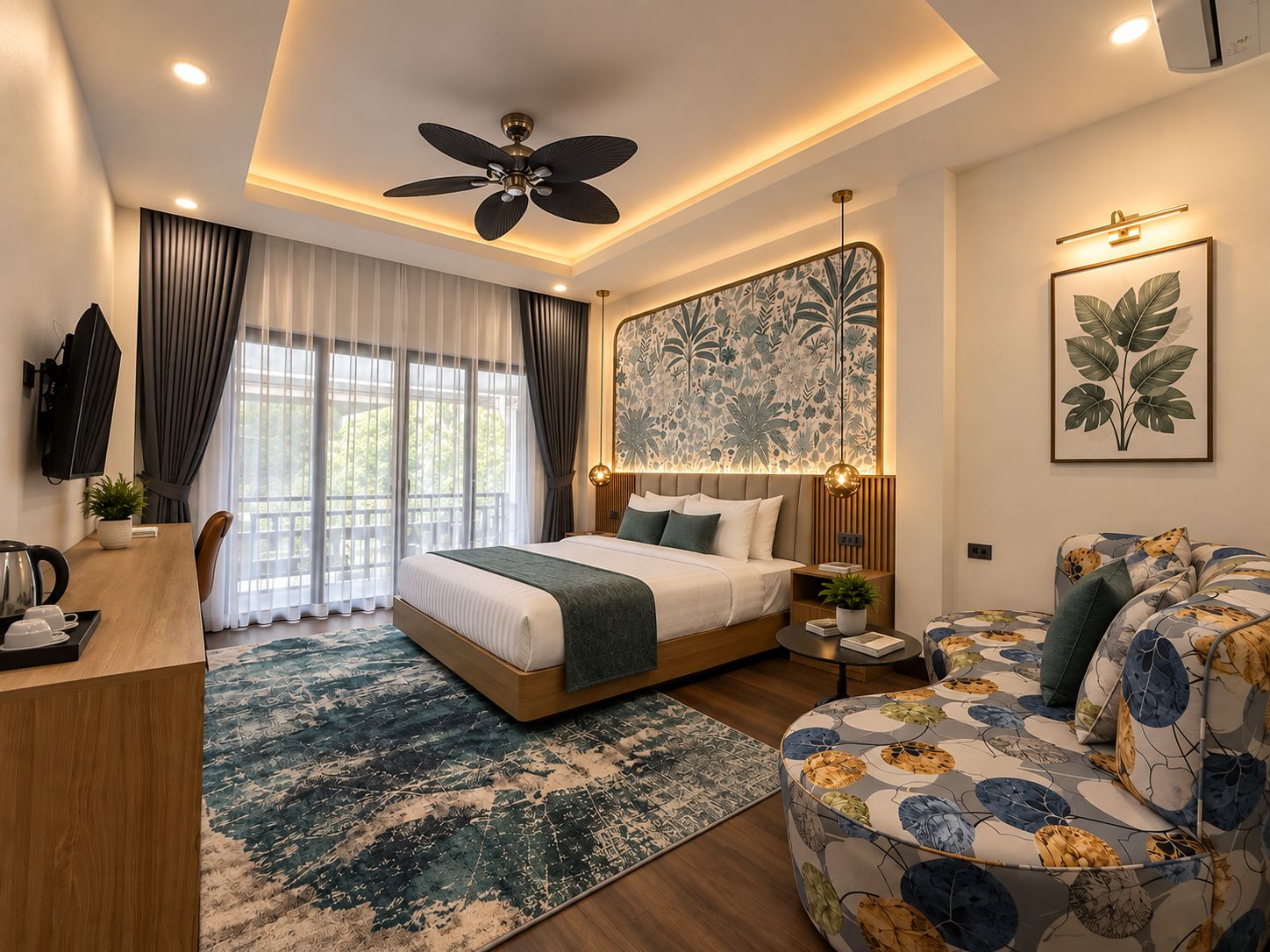 A modern bedroom with a bed, a desk, a sofa, and a ceiling fan.