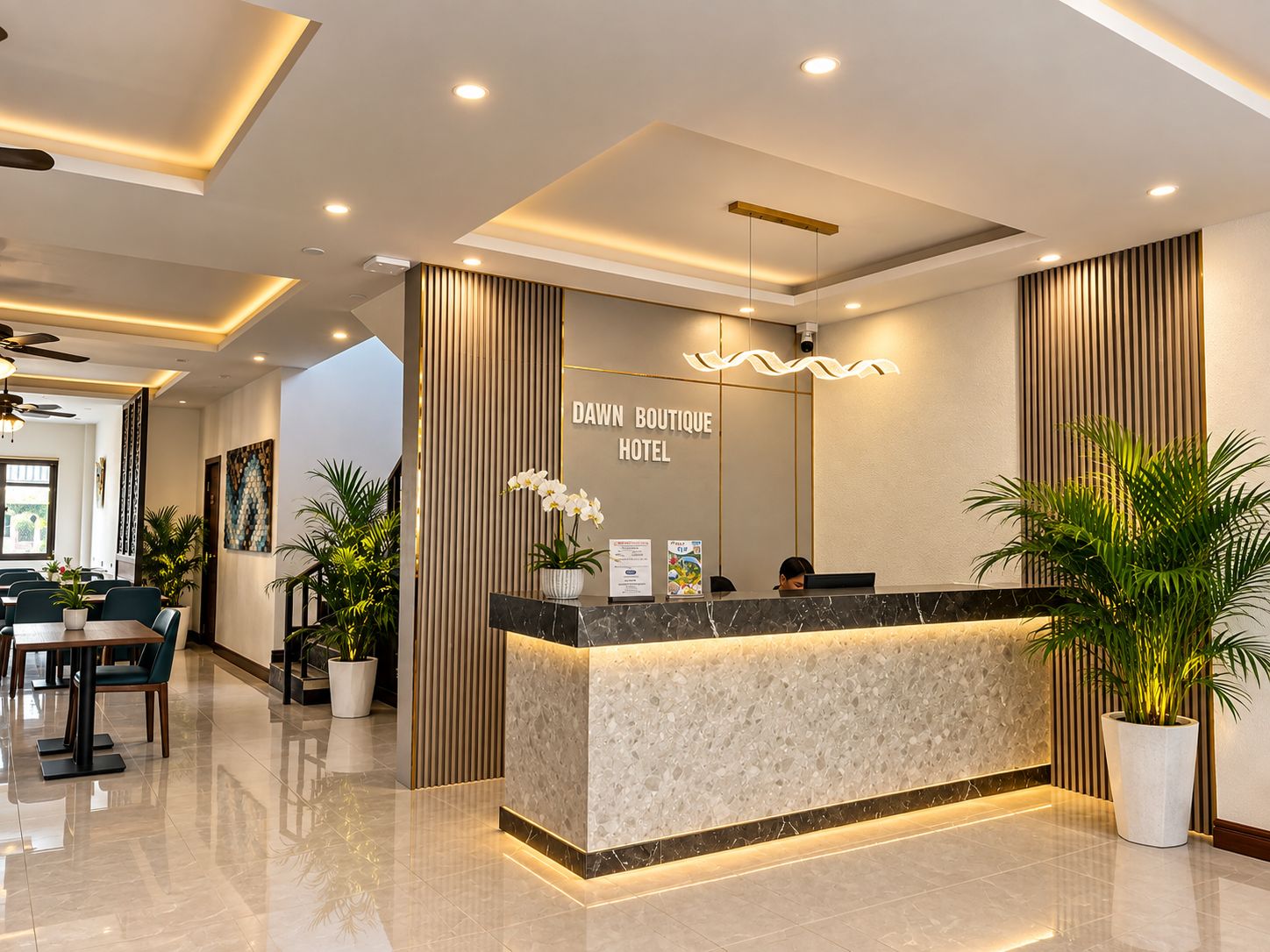Zona de recepción de hotel con mostrador de mármol, un escritorio de recepción y un cartel que dice 'DAWN BOUTIQUE HOTEL'.