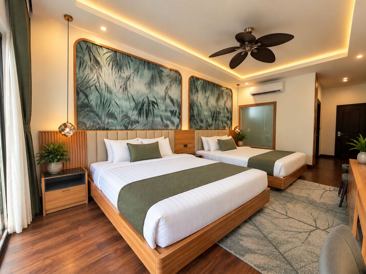Una habitación de hotel moderna con dos camas, un ventilador de techo y obras de arte en las paredes.