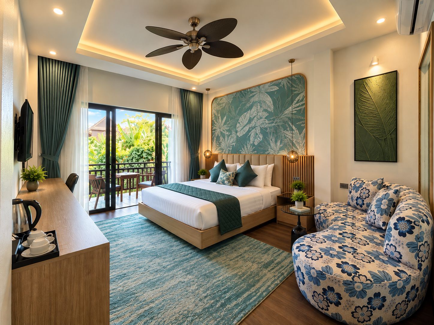A modern hotel room with a large bed, a seating area with a sofa, a dining table, and a balcony with a view of greenery.