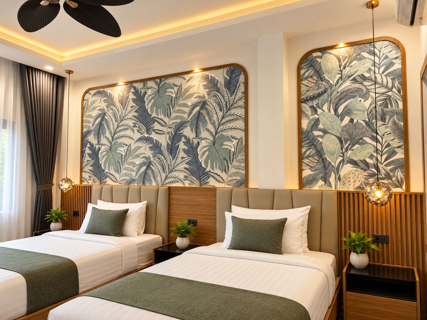Ein Hotelzimmer mit zwei Betten, einem großen Fenster mit Vorhängen, einem Deckenventilator und einer Wand mit einem Blattmuster-Tapete.