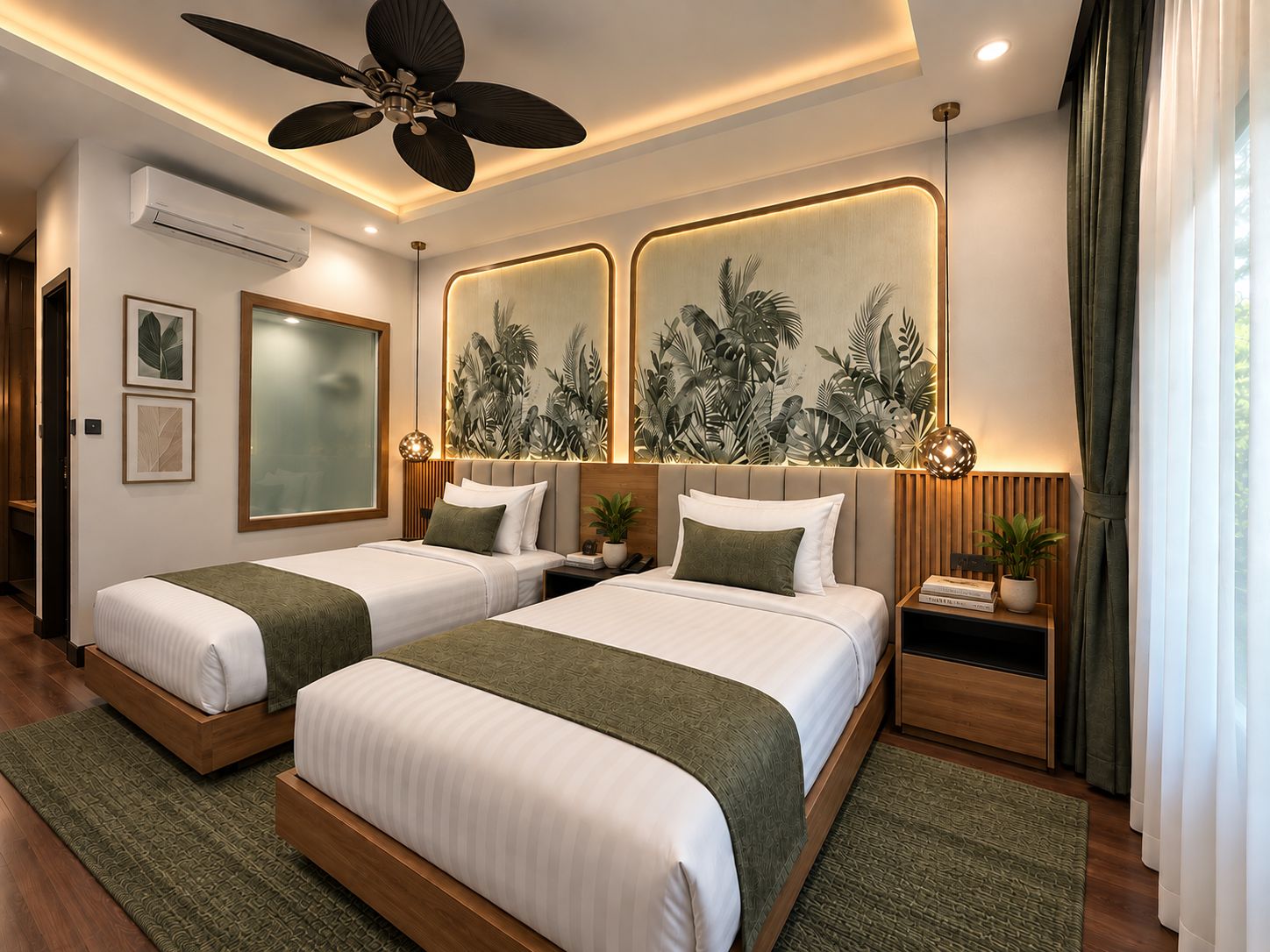 A hotel room with two beds, a ceiling fan, a large window with curtains, and a wall-mounted air conditioner.