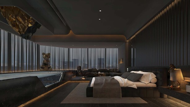 A modern bedroom with a large bed, a seating area with a sofa and chairs, a large window with vertical blinds, and a decorative sculpture. - ChangSha Super Awake Century Hotel (Changsha)