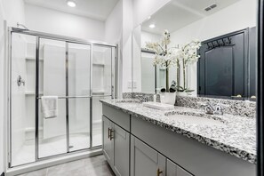 Shower, hair dryer, towels - Large open-concept home with private pool, pool table-Dogs Welcome (Davenport)