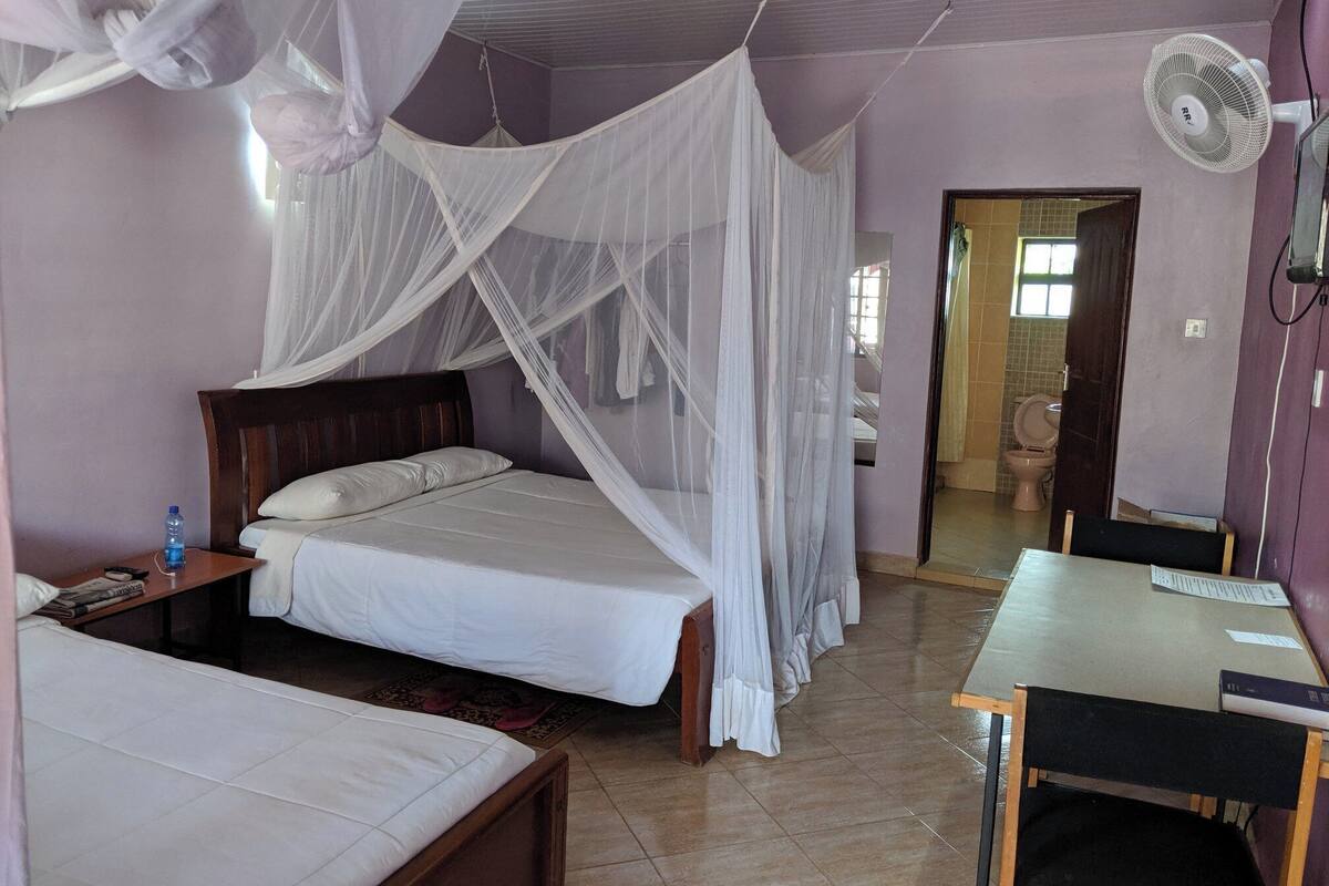 A bedroom with a bed under a mosquito net, a desk with a chair, and a bathroom visible through an open door.