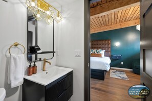 Shower, hair dryer, towels - Mid Century Modern King SuiteI1st floor|Walk to downtown and the lake|Parking (Lake Geneva)