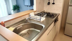 A modern kitchen with a stainless steel sink, a gas stove, and a built-in oven. There is a dish rack and a plant in the corner. - TOWN ROYAL 601 (Sapporo)