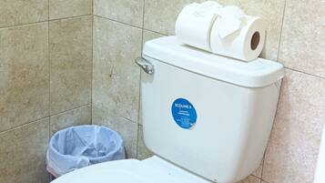 Toalhas de banho, sabonete, papel higiênico