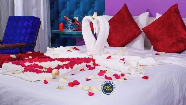 Une chambre d’hôtel avec un lit décoré de pétales de rose et une composition en forme de cygne réalisée avec des serviettes.