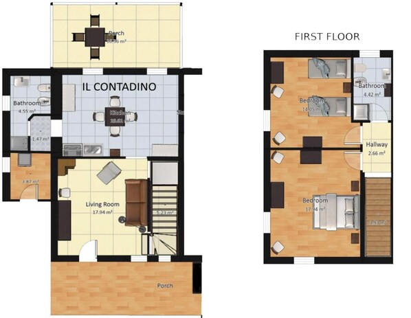 A first-floor layout of a hotel with a living room, kitchen, bathroom, bedroom, and porch.