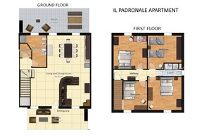 A ground floor layout of a residential building with a living and dining room, bedrooms, a bathroom, and a porch.
