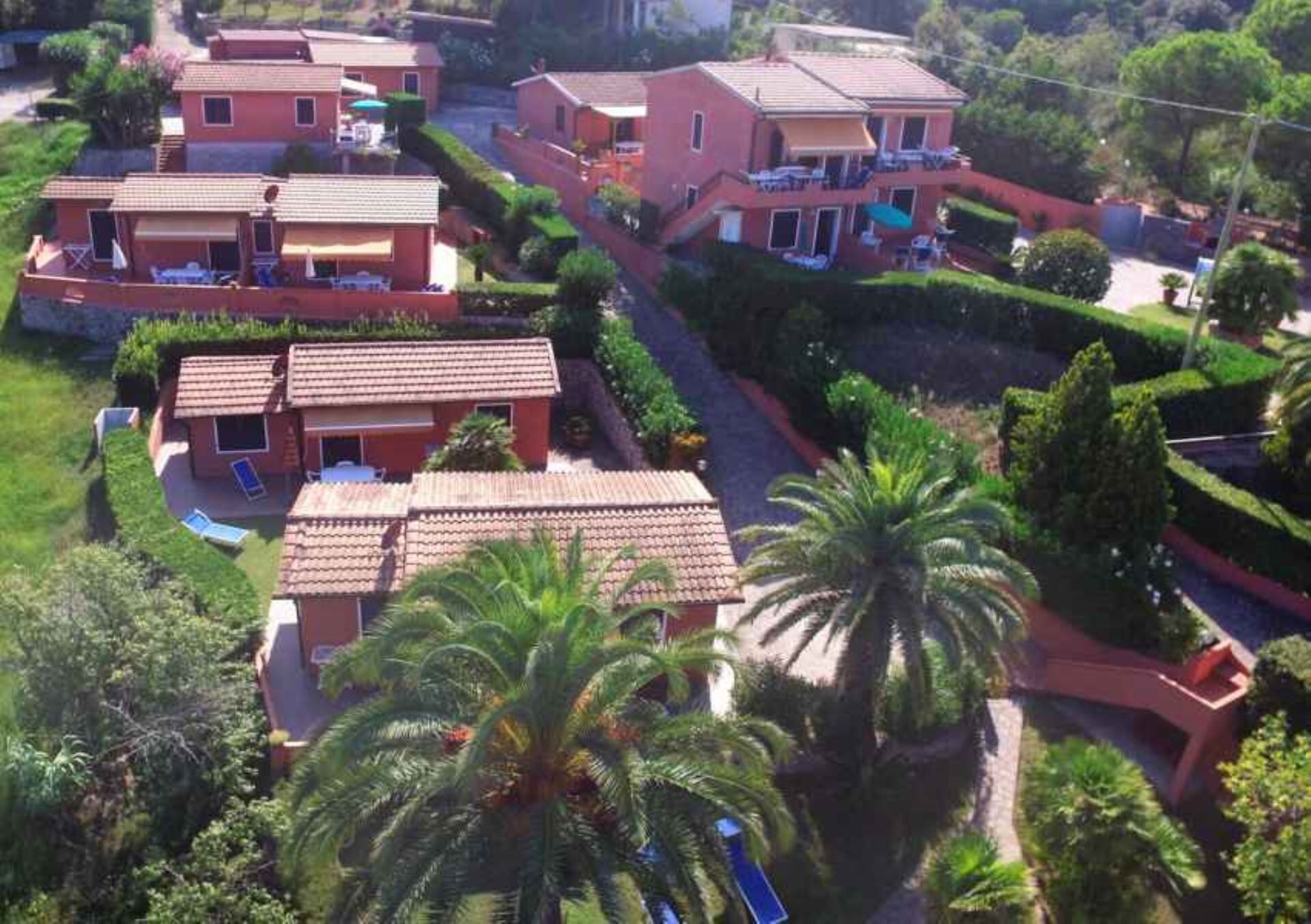A residential area with multiple houses, each with a tiled roof and surrounded by lush greenery and palm trees.