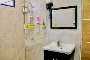 Hair dryer, towels, soap, toilet paper