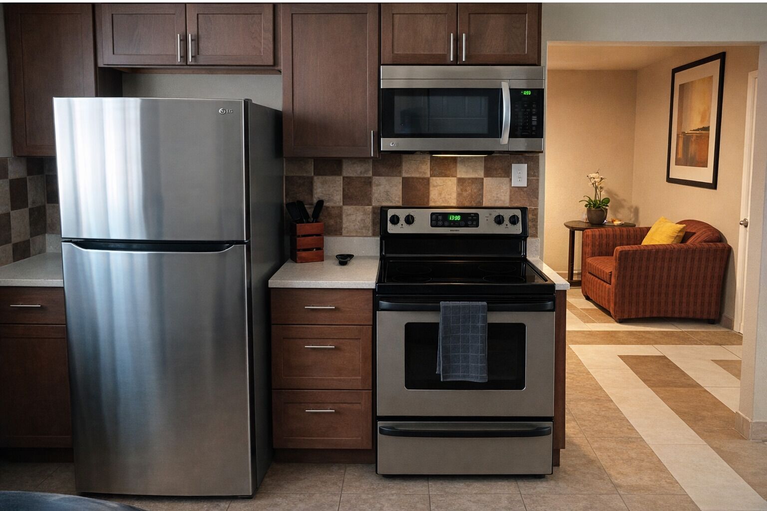 Fridge, microwave, oven, stovetop