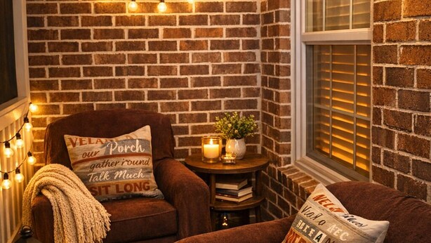 A cozy corner with a brick wall, two brown sofas with decorative pillows, a small table with a candle, and string lights. - Spacious 4-bedroom house in welcoming Mobile with AC (Mobile)