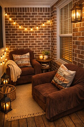 A cozy corner with a brick wall, two brown sofas with decorative pillows, a small table with a candle, and string lights. - Spacious 4-bedroom house in welcoming Mobile with AC (Mobile)