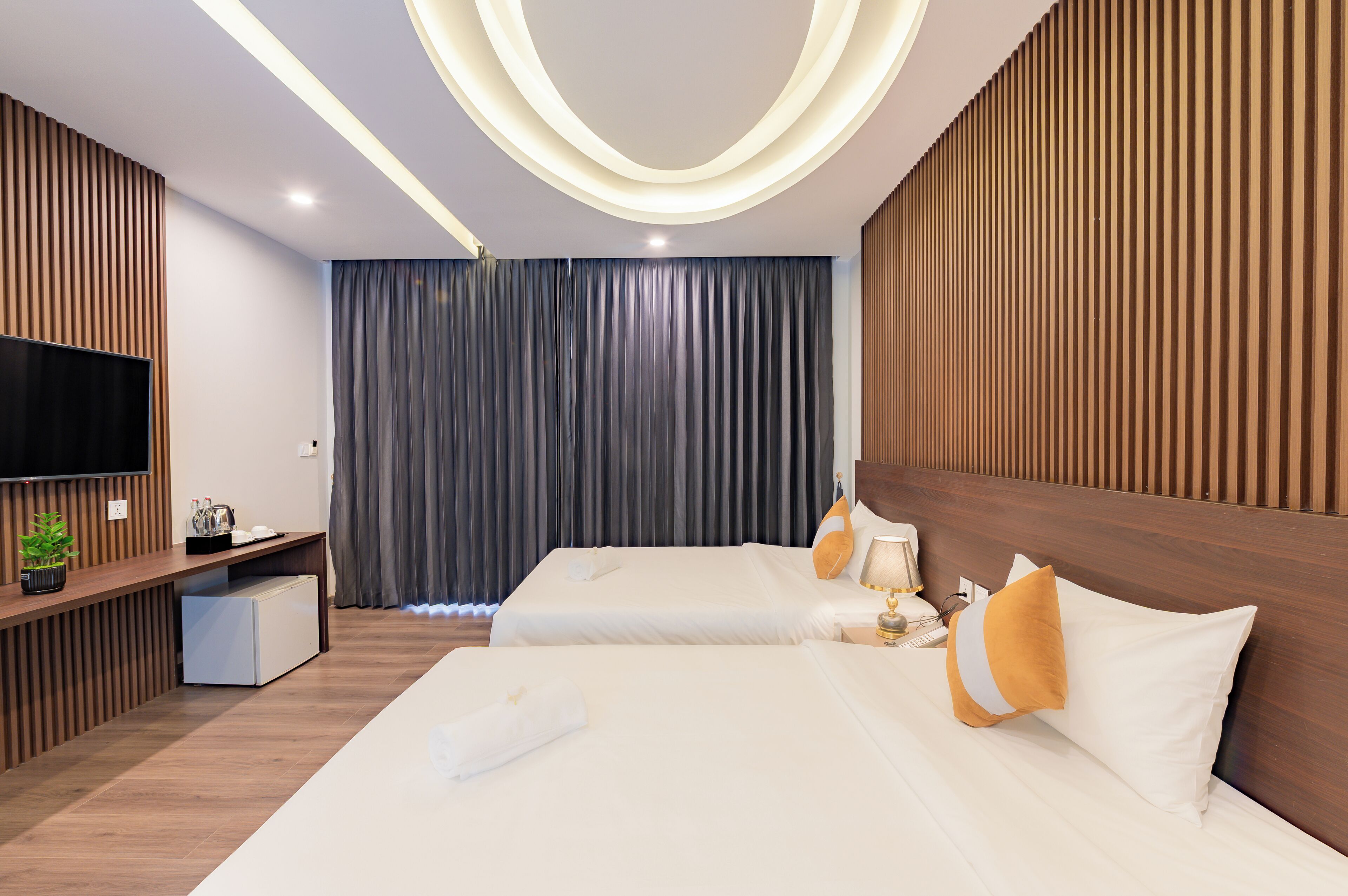 A hotel room with two beds, a TV, a desk, and a plant.