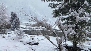 A snow-covered landscape with a stone bridge, trees, and a river. - Sonam Zhidhey Resort  (Ha)