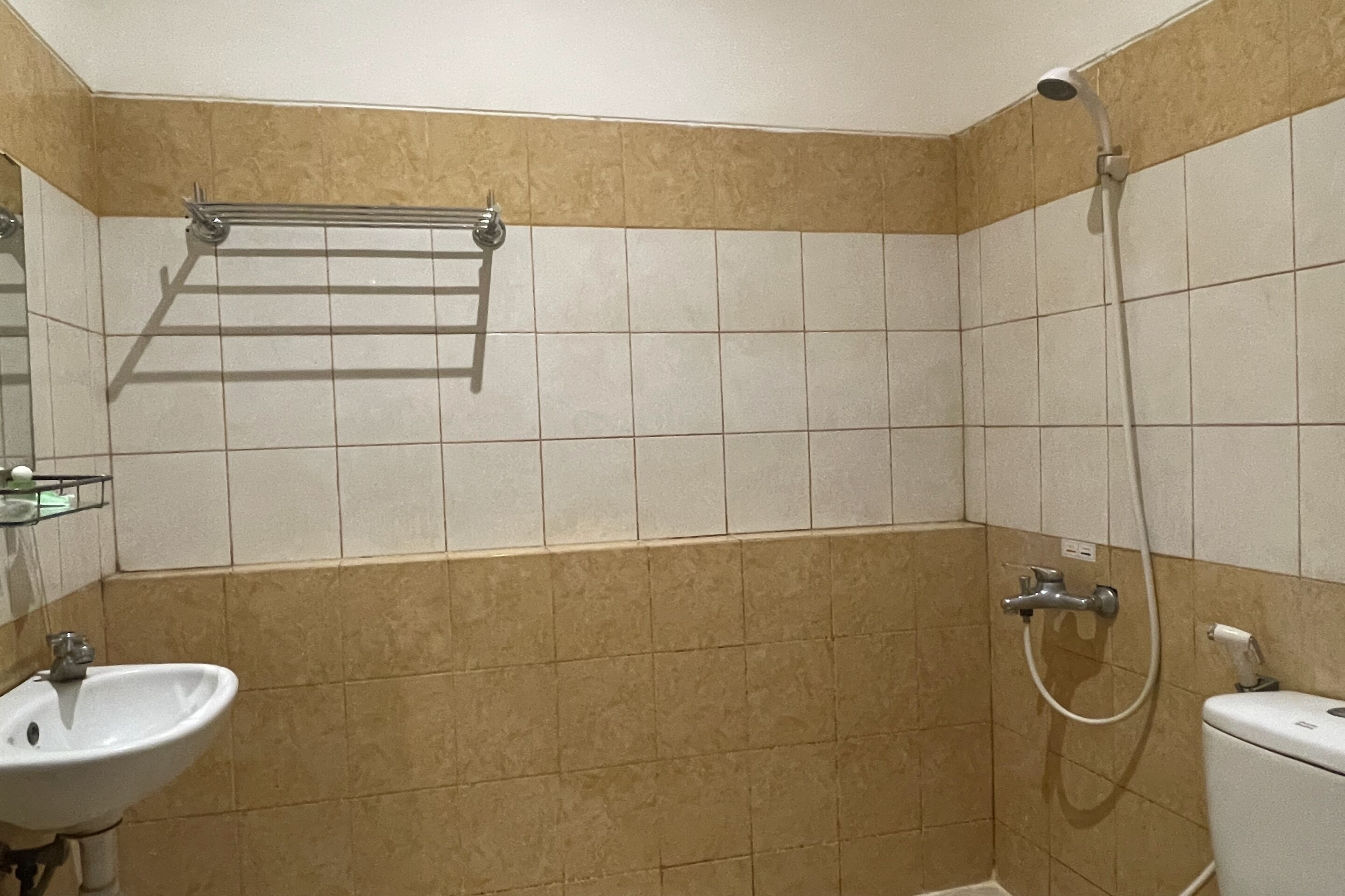A bathroom with a sink, mirror, towel rack, shower, and toilet.