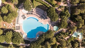 An aerial view of a resort with a large central pool, surrounded by lounge areas and dense greenery. - 2 Room Apartment for 5 People Comfort (Mallemort)