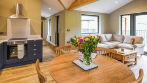 A modern kitchen with a built-in oven, a dining area with a wooden table and chairs, and a living room with a sofa and a large window. - Lakeside Lodge - UK50627 (Welshpool)