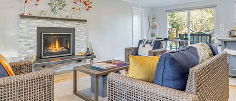 Télévision, cheminée, livres