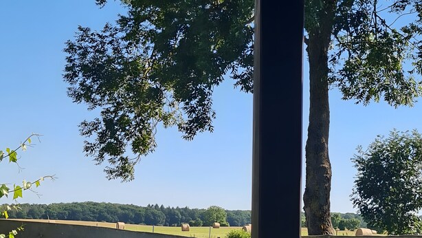 A swimming pool with inflatable toys and a view of a rural landscape.