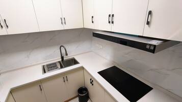 Una cocina moderna con gabinetes blancos, un lavamanos de acero inoxidable, una encimera negra y una estufa negra.