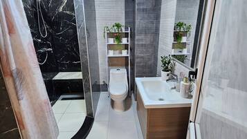Een moderne badkamer met douche, toilet en wastafel.