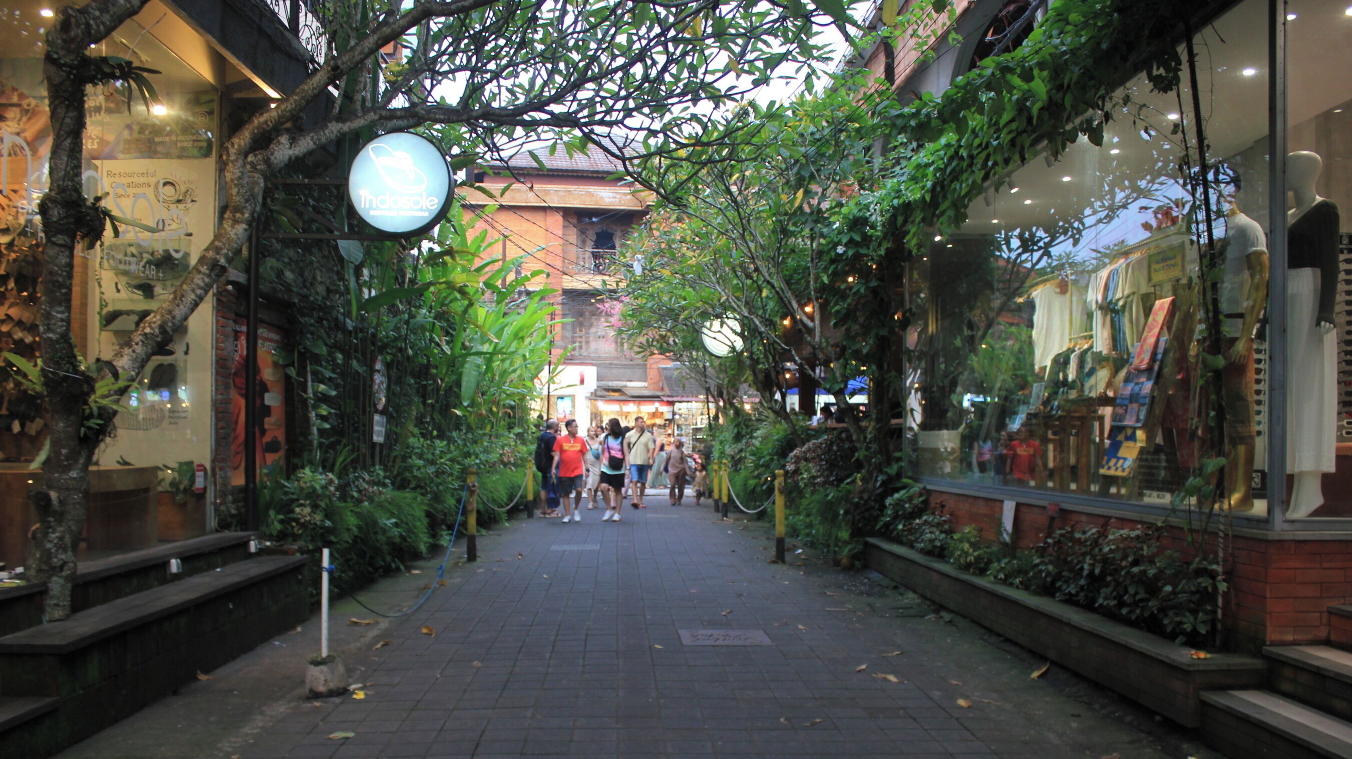 A narrow pedestrian walkway lined with shops and greenery, leading to a building with a visible entrance.