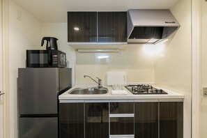 Kühlschrank, Mikrowelle, Herdplatte, Kochgeschirr/Geschirr/Besteck