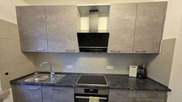 Een moderne keuken met grijze kastjes, een roestvrijstalen spoelbak en een oven.