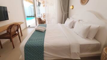 Villa, 2 Bedrooms, Patio, Pool View | Desk, laptop workspace, free WiFi