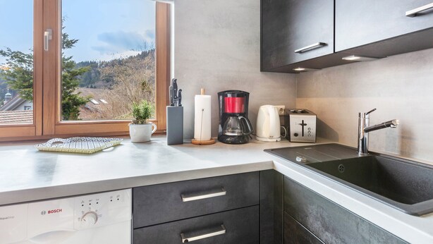 Een moderne keuken met een Bosch vaatwasser, een koffiezetapparaat, een broodrooster en een spoelbak.