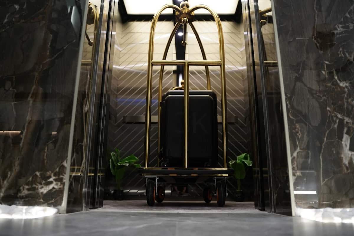 A luggage cart in a marble-floored elevator with a gold frame, glass walls, and a plant on the floor.