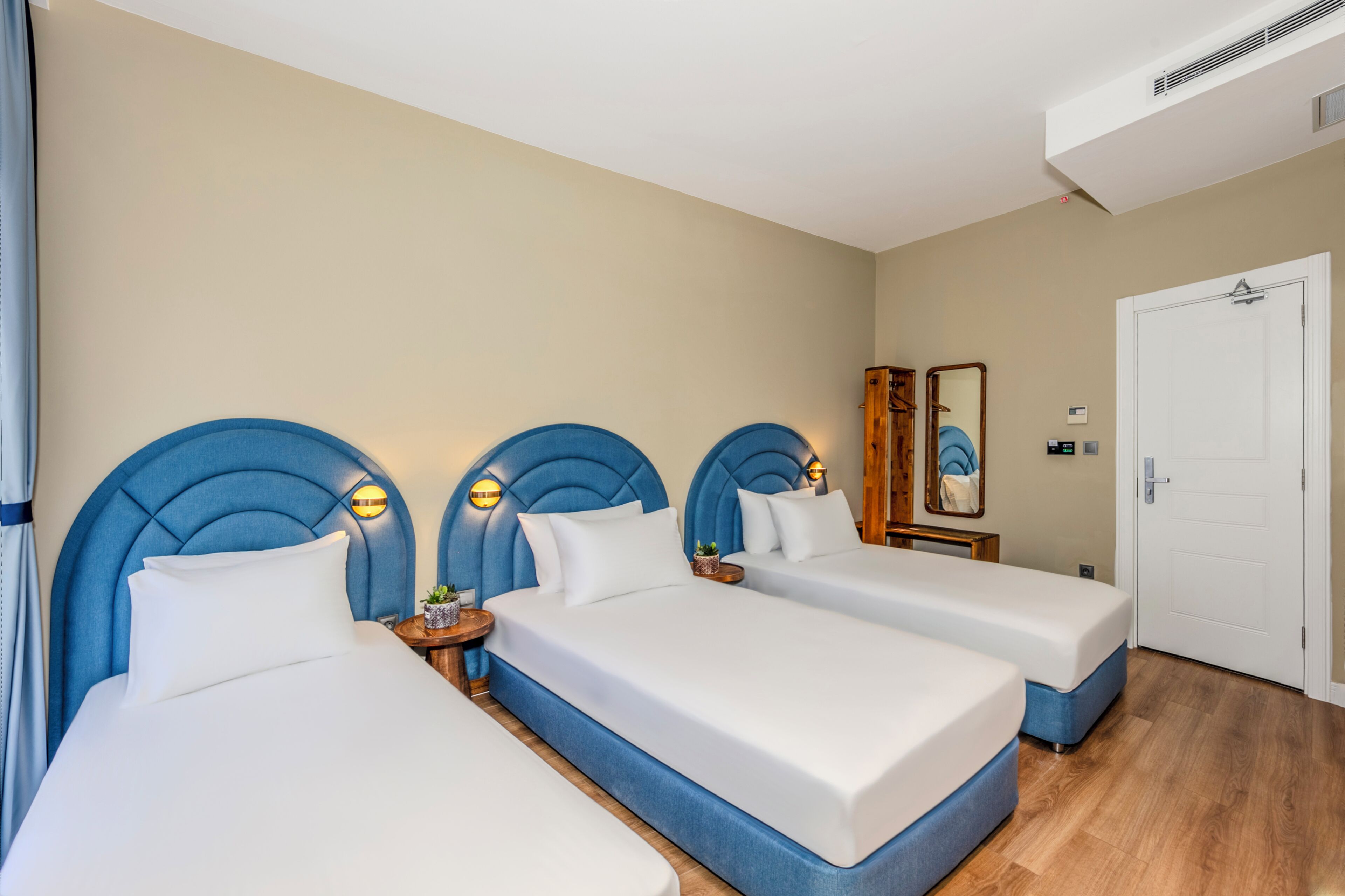 Habitación de hotel con dos camas, cada una con cabecero azul y ropa de cama blanca. El suelo es de madera, hay una puerta blanca y una pequeña mesa con una planta.