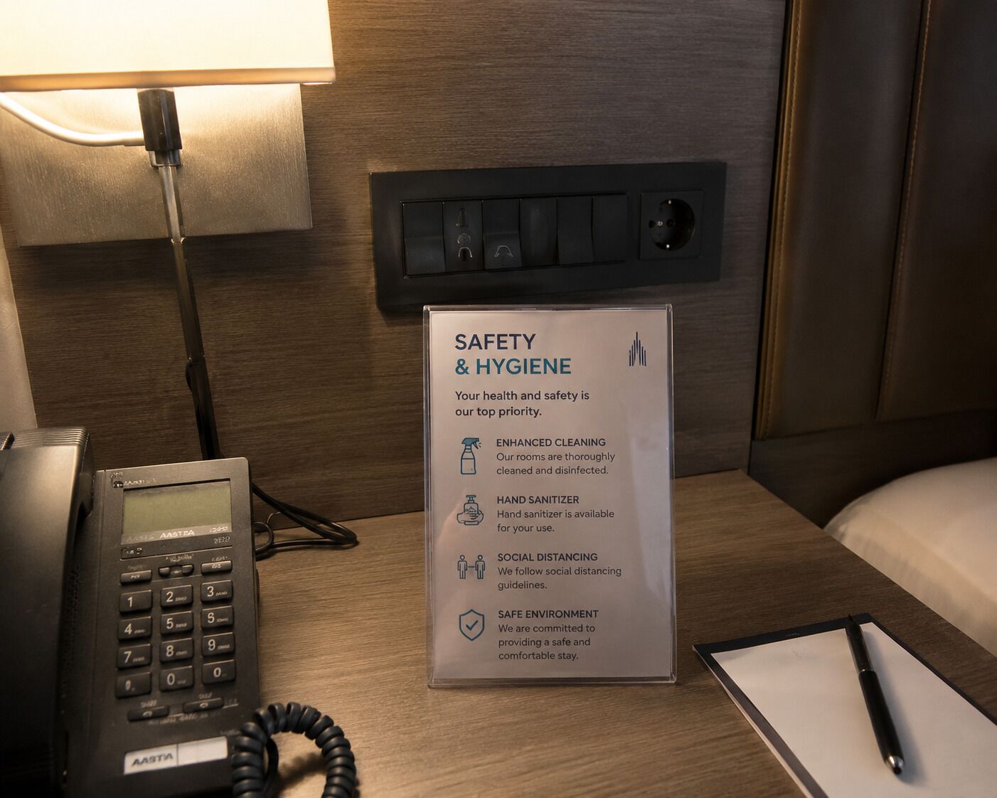 A hotel room with a safety and hygiene sign, a phone, a lamp, and a bedside table with a pen and paper.