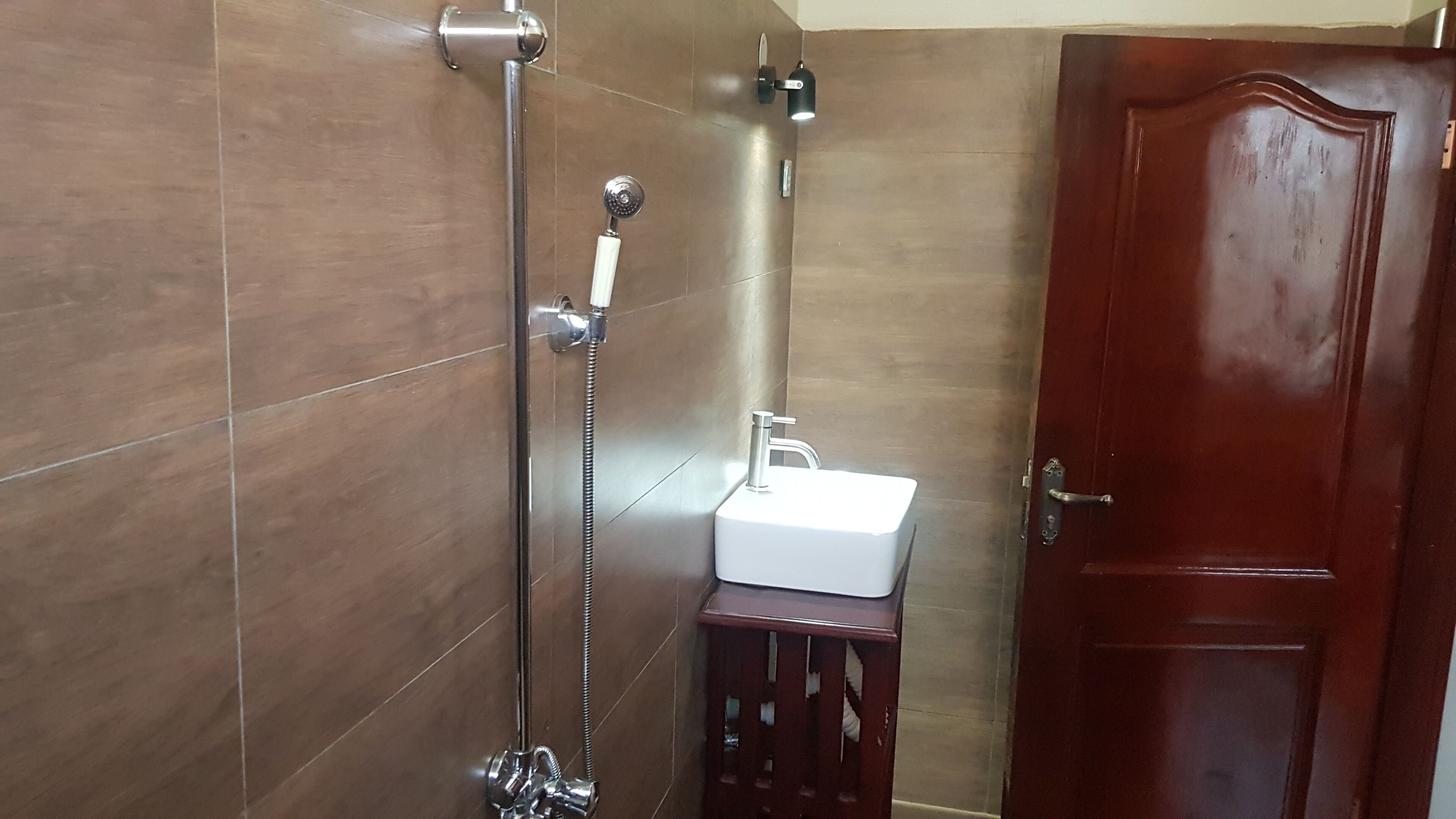 A bathroom with a shower, a sink, and a wooden door.