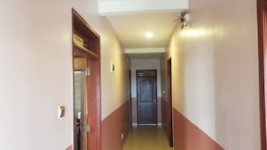 Un couloir se terminant par une porte en bois, un luminaire au plafond et un interrupteur fixé au mur.