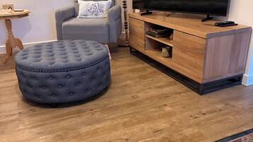 Smart TV, fireplace, books