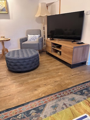 Smart TV, fireplace, books