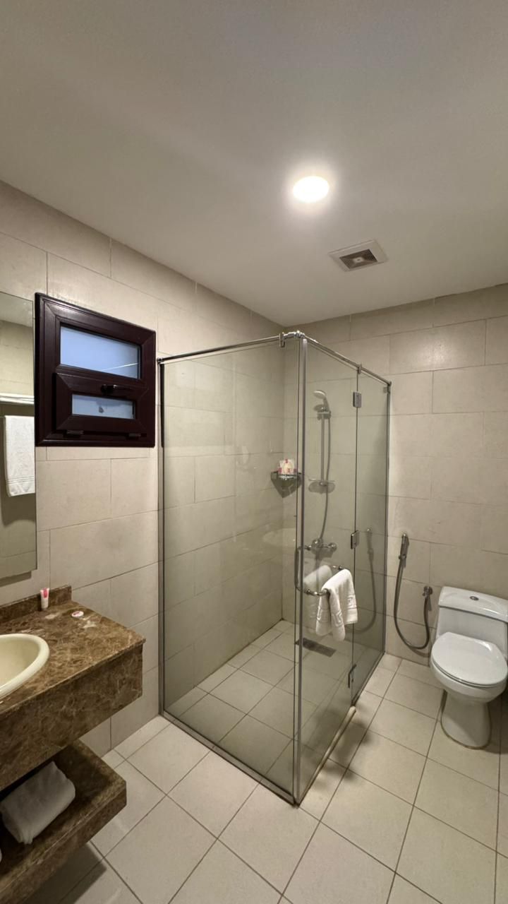 A modern bathroom with a glass-enclosed shower, a marble sink, and a toilet.