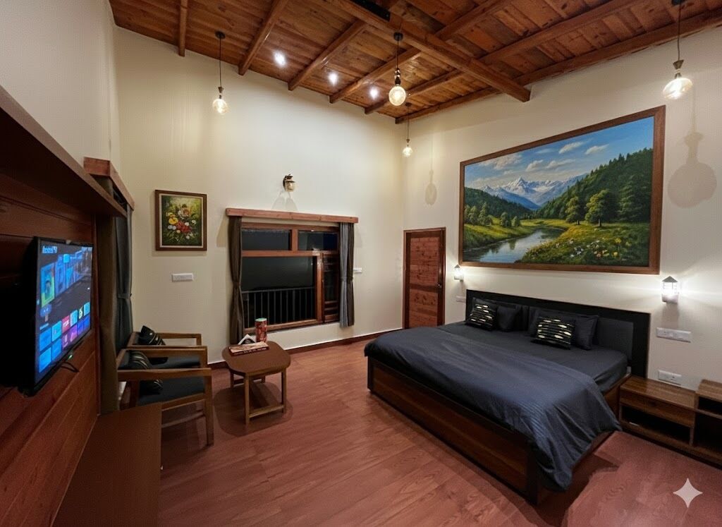A bedroom with a large bed, a television, a desk, and a painting of a landscape.
