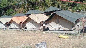 Une rangée de tentes, disposées de manière simple, dont certaines sont dotées d’auvents, se trouve dans une zone sèche et herbeuse, avec des arbres en arrière-plan.