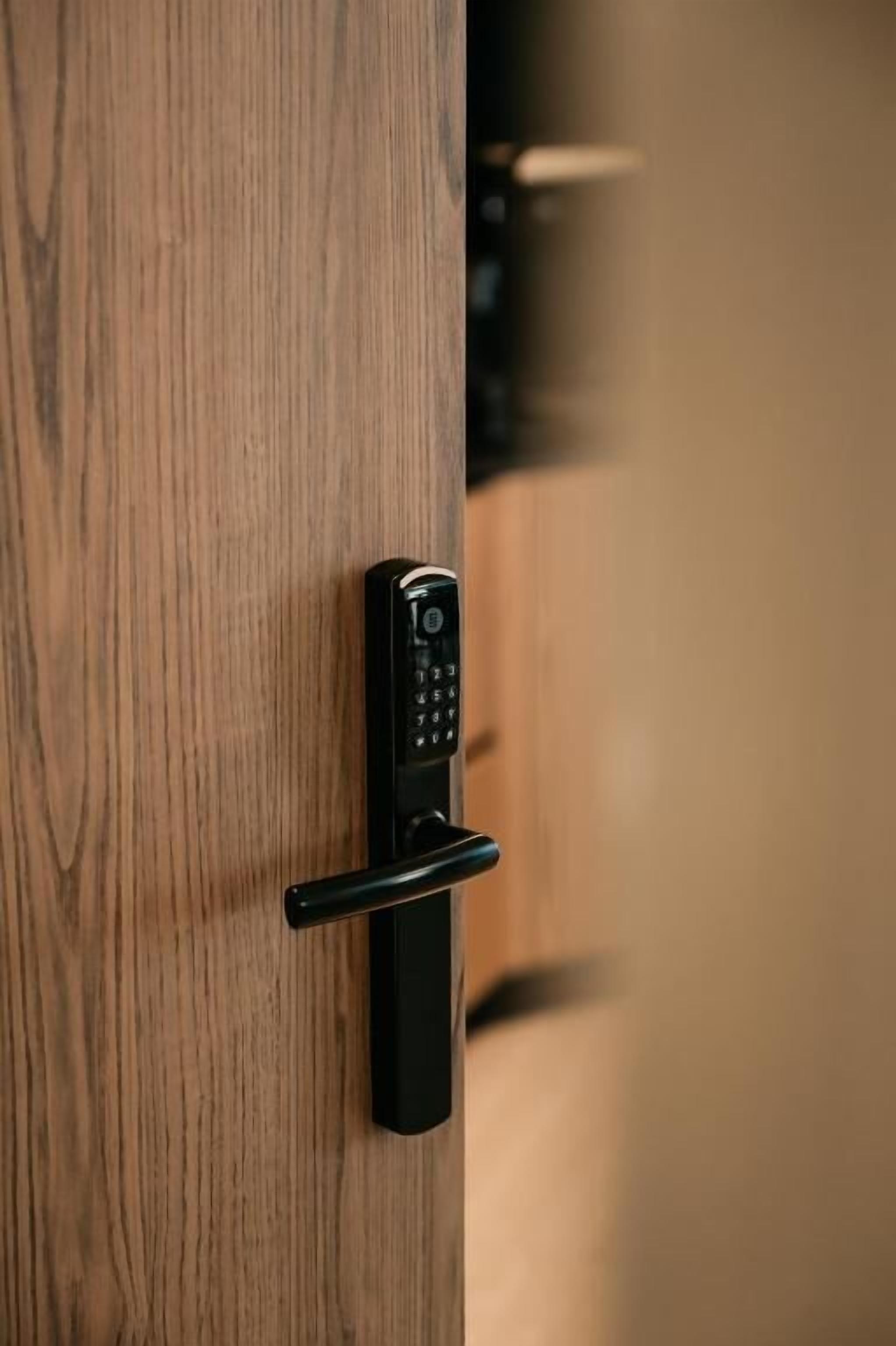 Une poignée de porte noire sur une porte en bois.